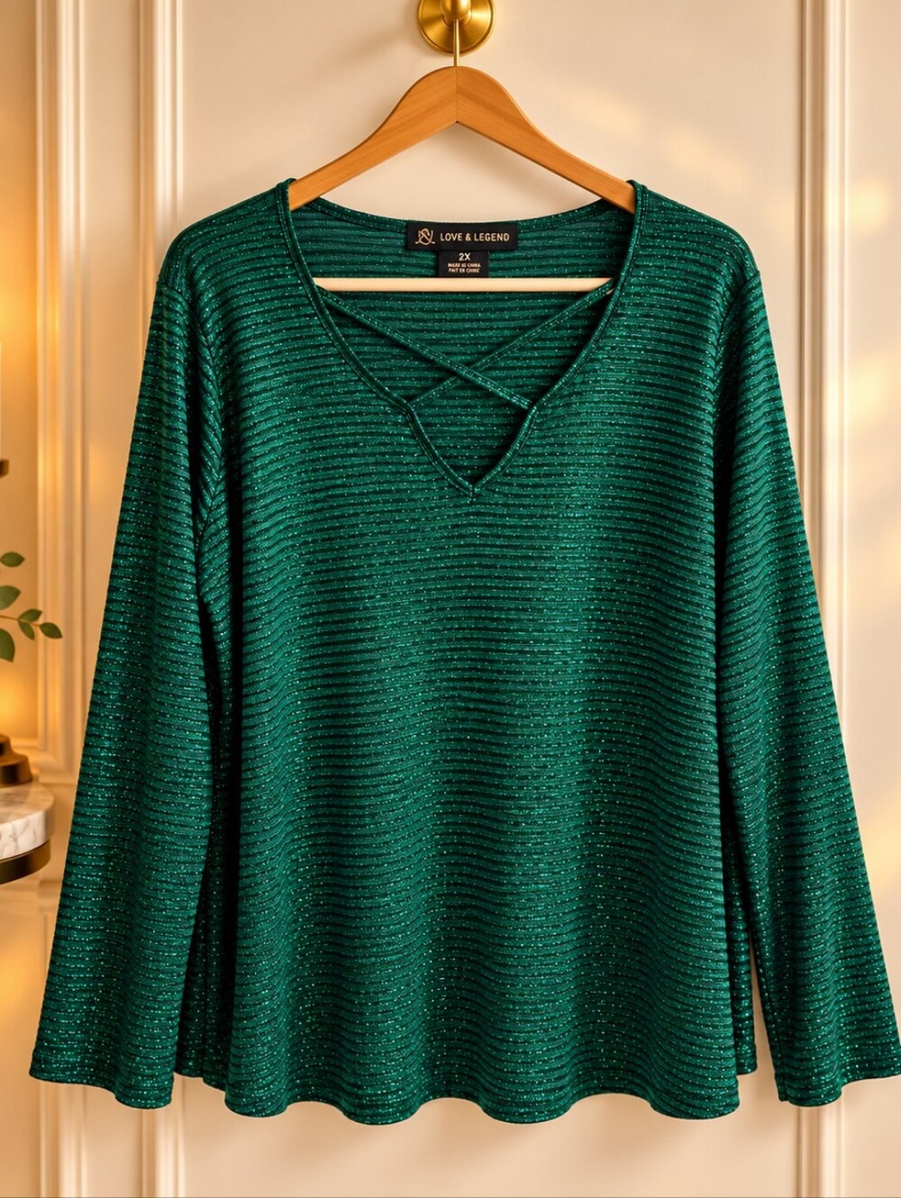 Love & Legend 2X Emerald Green Metallic Shimmer Crisscross V Neck Party Top